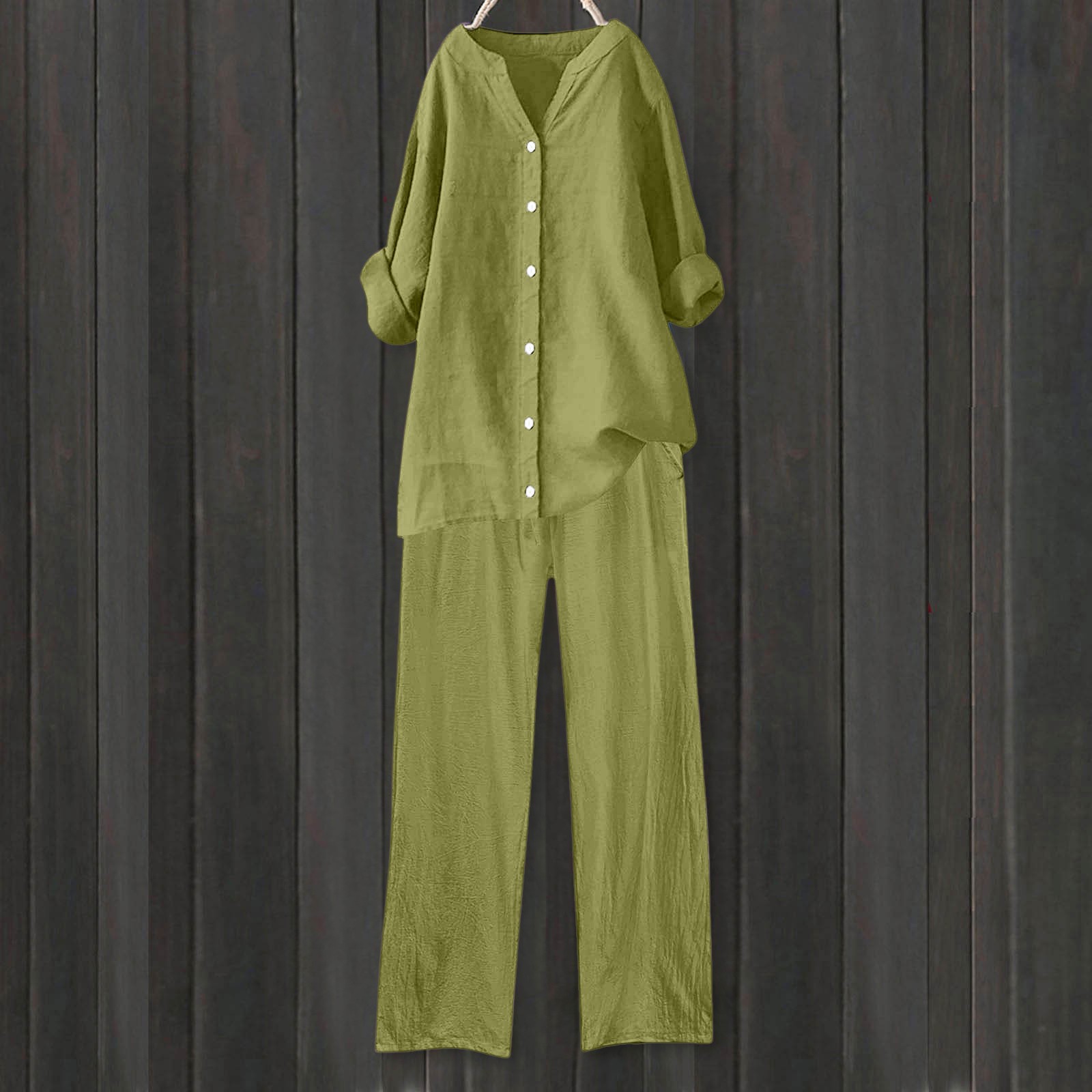 thumbnail image 4 of Conjuntos de 2 piezas para mujer: blusa de pierna ancha y pantalones elásticos. Camisa informal con cuello en V y bolsillos. Ropa urbana para todas las estaciones., 4 of 4